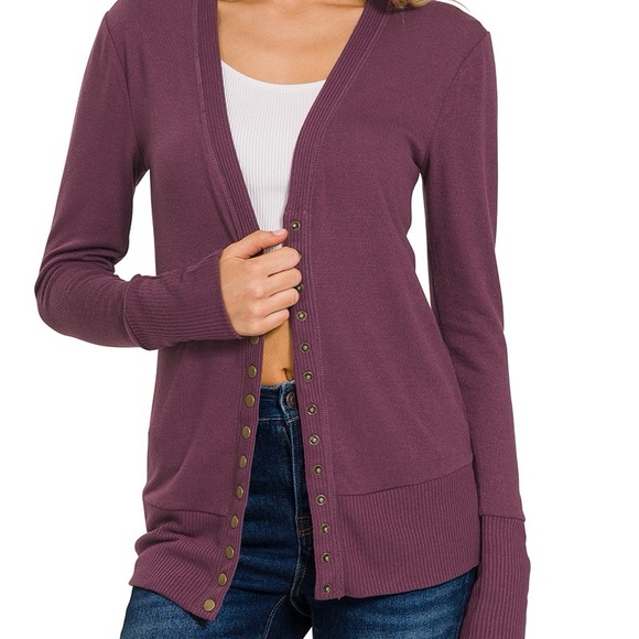 Zenana Outfitters Sweaters - Zenana Snap Button Down Sweater Cardigan, Purple, S-M-L-XL